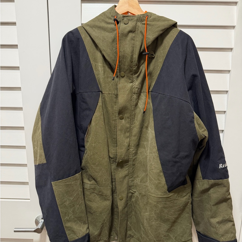 Readymade Olive Green and Black Hooded Raincoat with Orange Drawcords